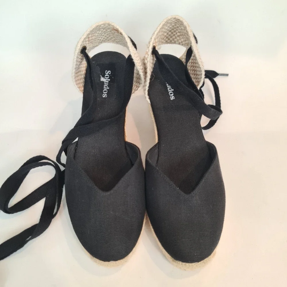 Soludos Black Canvas Marseille Wedge Lace Up Espadrille Sandals Womens Size 8